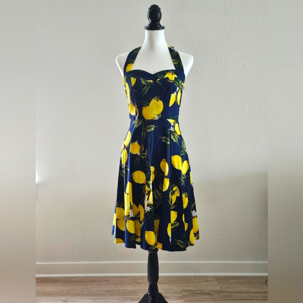 TOPDRESS Lemon and Blue Halter Tailored Cut Dress SIZE M